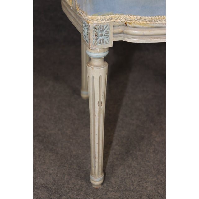 Pair of French Louis XVI Style Creme & Blue Paint Decorated Armchairs C. 1930's For Sale - Image 15 of 15