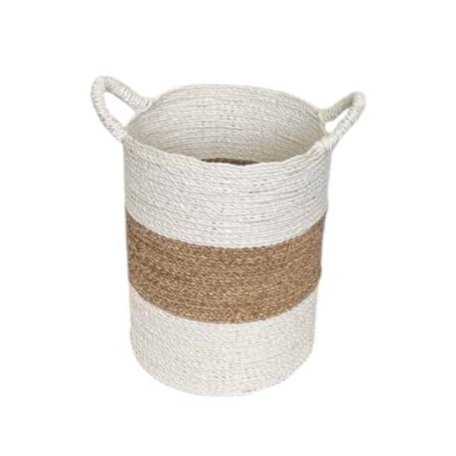 2000 - 2009 Vintage Coastal Two-Tone Woven Seagrass & Rope Storage Basket With Handles For Sale - Image 5 of 12