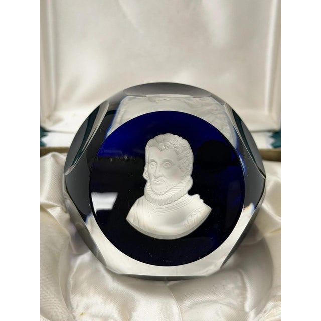 Vintage 1970s Cristal D'Albret France Limited Edition Christopher Columbus Glass Faceted Cobalt Blue Paperweight in...