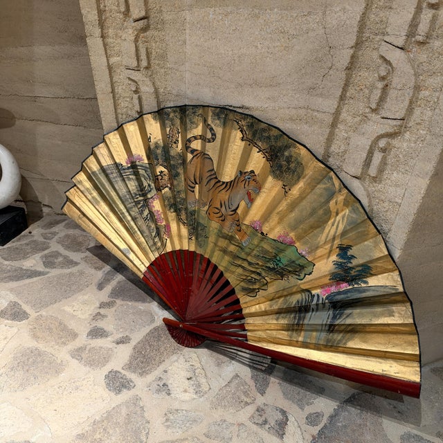 Asian Large Decorative Asian Folding Fan Featuring a Hand-Painted Tiger For Sale - Image 3 of 15