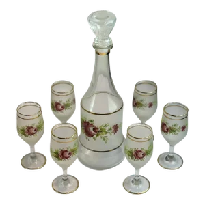 1960s Mid Century Italian Cocktail Set - Decanter and 6 Wine or Cordial Glasses With Hand Painted Roses