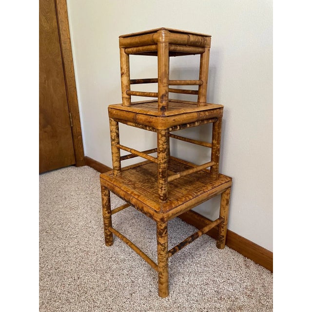 Vintage Burnt Bamboo Nesting Plant Stands / Tables - Set of 3 For Sale - Image 10 of 12
