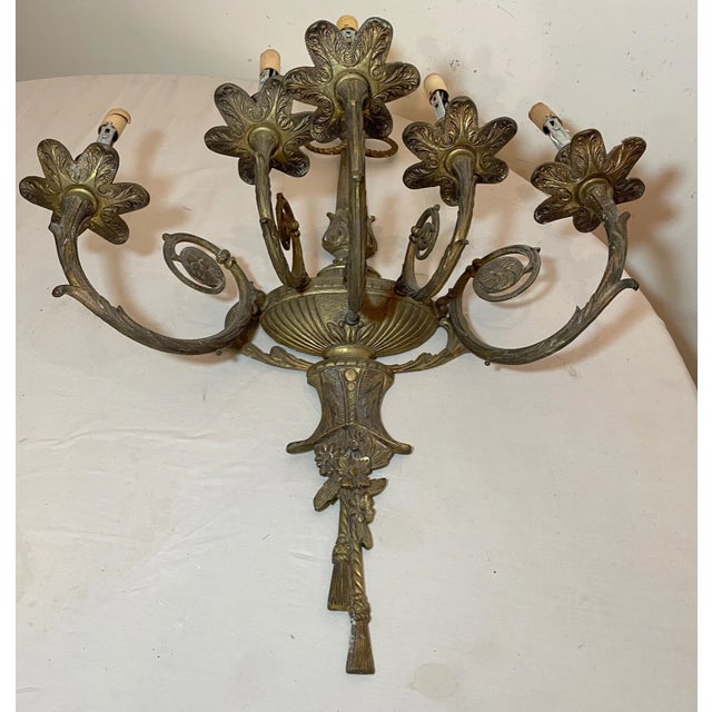 Metal Large Antique Ornate Spanish Style Gilded Bronze Brass Wall Sconce Fixture Light For Sale - Image 7 of 11