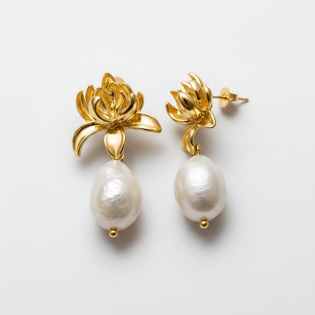 Lotus Freshwater Pearl Drop Earrings. Natural Freshwater Pearl Lotus Flower Drop Earrings. Inspired by the graceful bloom...