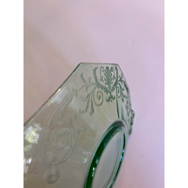 Elegant and timeless, this vintage etched green glass serving bowl embodies the refined craftsmanship of American Elegant...