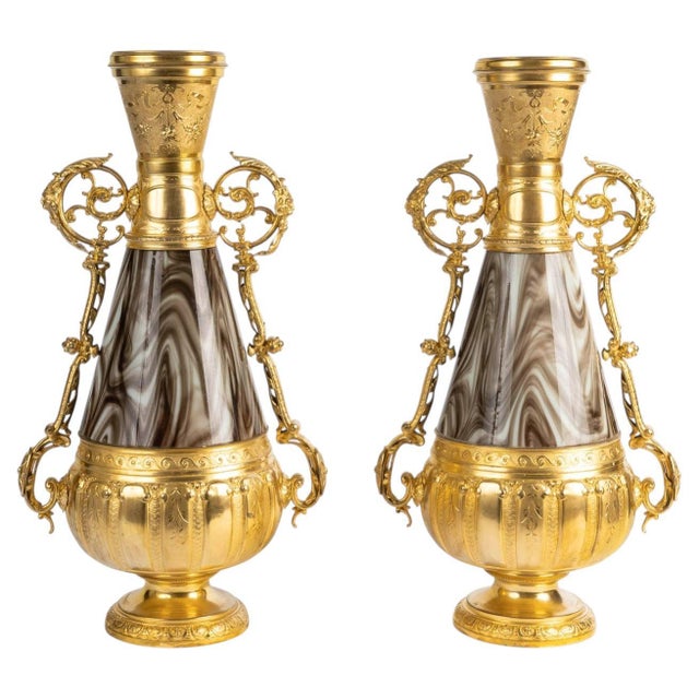Goldenrod Napoleon III Vases in Opaline Glass and Gilded Regule, 1800s, Set of 2 For Sale - Image 8 of 8