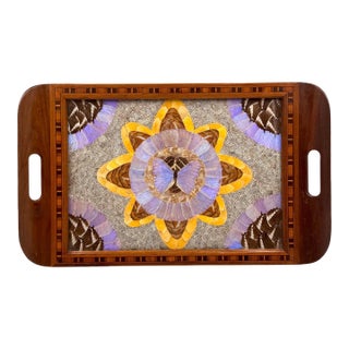 Mid-Century Inlaid Wood and Butterfly Wing Tray, Brazil 1950s For Sale