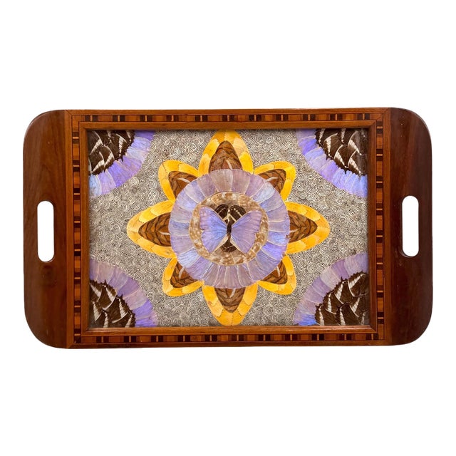 Mid-Century Inlaid Wood and Butterfly Wing Tray, Brazil 1950s For Sale