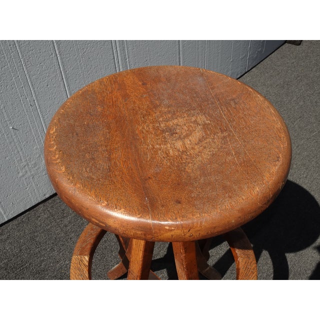 Antique Industrial Adjustable Swivel Oak Drafting Stool Barstool 1of3 ~ # 2 For Sale - Image 4 of 17