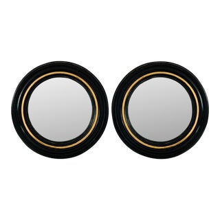 Pair of Regency Convex Bullseye Mirrors in Black Plaster and Gold Leaf For Sale