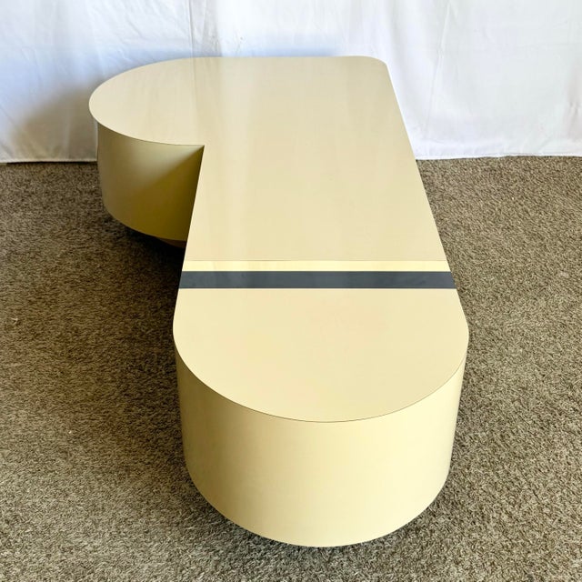 Postmodern Cream Laminate Love Stick Coffee Table With Navy Blue and Gold Crown Accent on Casters For Sale - Image 12 of 12