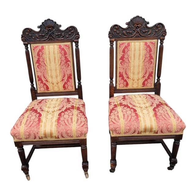 Victorian Pair 19th Century Victorian Oak Chairs Carved Back Red Gold Upholstery Dining Hall For Sale - Image 3 of 15