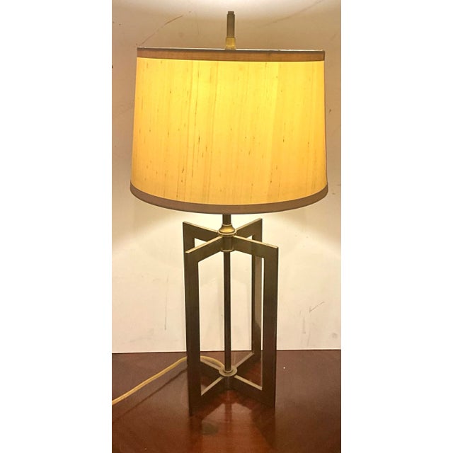 Contemporary Restoration Hardware Modern Brass Geometric Table Lamp With Rh Linen Shade For Sale - Image 3 of 7