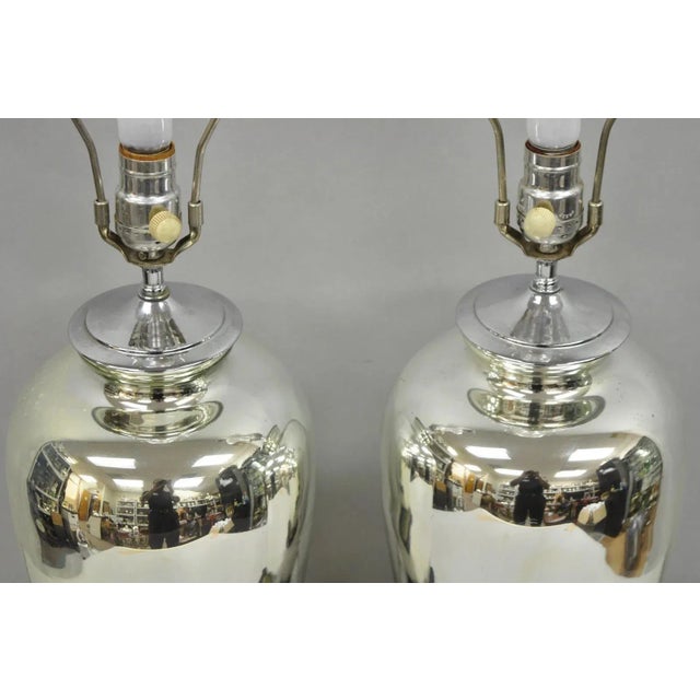 Vintage Mid Century Modern Silver Mercury Glass Jardiniere Vase Table Lamps Pair For Sale - Image 4 of 12