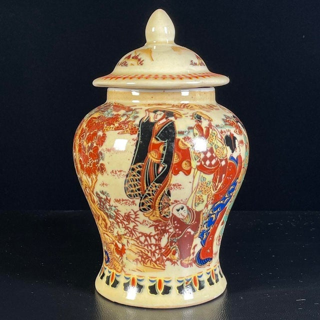 Japanese Japanese Satsuma Lidded Ginger Jar, Hand Decorated Geisha Bijin Scene, Small Ceramic Canister For Sale - Image 3 of 9