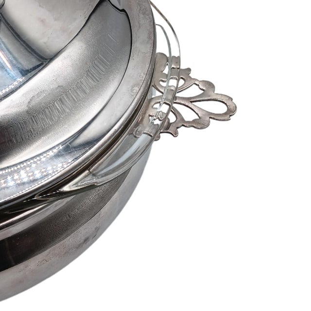 Sheffield Silverplate Covered Serving Dish + Pyrex Glass Insert 2 Qt Vtg MCM Casserole Dish Features ornate scroll finial,...