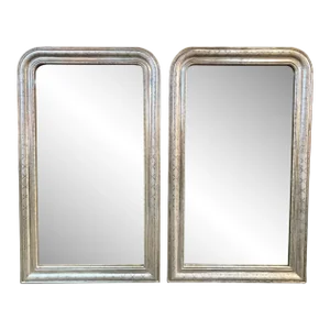 Mid 20th Century French Silver Leaf Louis Philippe Mirrors With X Pattern- a Pai