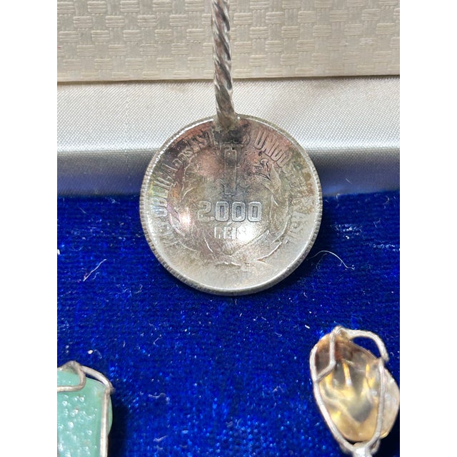 1960s Vintage Semi-Precious Stone Cocktail Picks With Silver Coin Spoon & Presentation Box, Set of 7 For Sale - Image 5 of 8