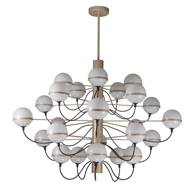 Italian chandelier with twenty five white opaline glass globes held by champagne colored metal structure / Made in Italy...