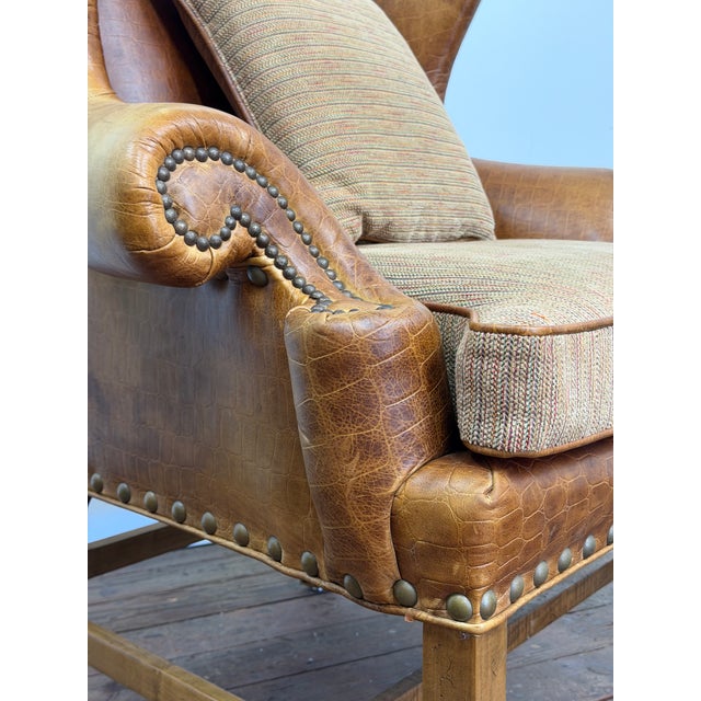 Embossed Cognac Leather Wing Back Chair by Davis and Shaw For Sale - Image 9 of 17