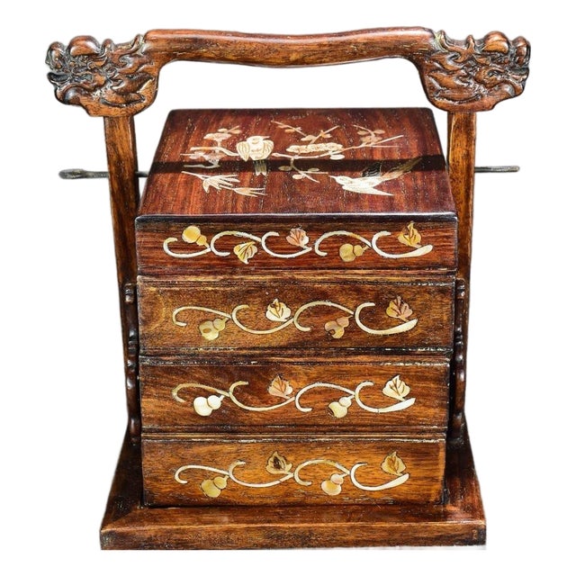 Vintage Chinese Huali Rosewood Inlaid "Magpie & Plum" Tiered Picnic Box With Dragon Handles For Sale