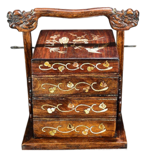 Vintage Chinese Huali Rosewood Inlaid "Magpie & Plum" Tiered Picnic Box With Dragon Handles
