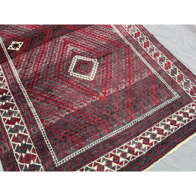1950s Vintage Afghan Baluchi Hand-Knotted Wool Runner | Deep Burgundy & Ivory Tribal Diamond Rug For Sale - Image 5 of 10