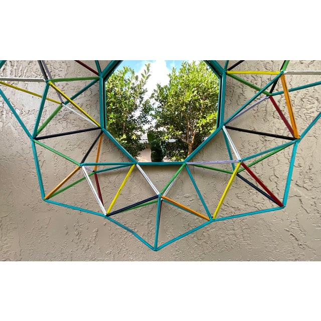 Funky One-of-a-Kind Hand-Painted Geometric Metal Mirror – 3d Sunburst Wall Art For Sale - Image 14 of 18