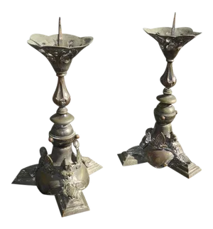 Antique Gothic Bronze Candle Holders - A Pair