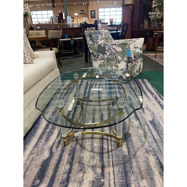 Vintage Brass and Lucite Oval Glass Top Coffee Table | Chairish