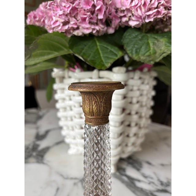 Antique French Empire Revival Gilt Brass & Cut Glass Candlesticks - A Pair For Sale In Little Rock - Image 6 of 13
