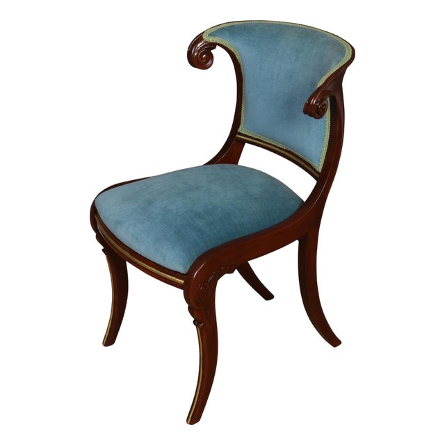Regency Style Blue Velvet Upholstered Mahogany Klismos Chair For Sale
