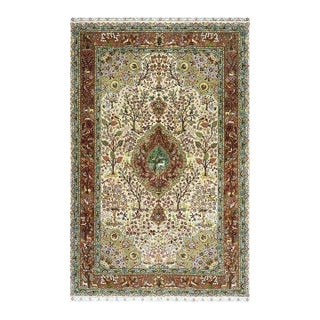1940s Classic Beige Floral Animals Antique Tabriz Handknotted Wool Carpet Rug For Sale