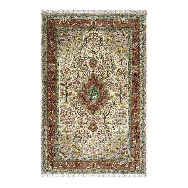 1940s Classic Beige Floral Animals Antique Tabriz Handknotted Wool Carpet Rug For Sale