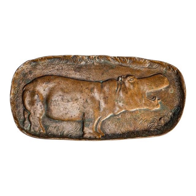 Artist Signed Antique Art Nouveau Solid Bronze Hippopotamus Hippo Tray Catchall For Sale