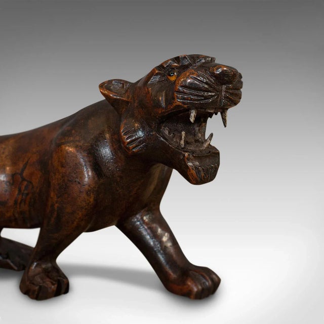Wood C. 1920 Antique Carved Teak Tiger Decorative Statue For Sale - Image 7 of 11