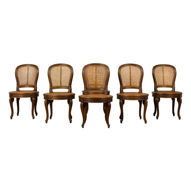 Set of Six Mid-19th Century French Napoleon III Carved Oak and Cane Dining Chairs For Sale