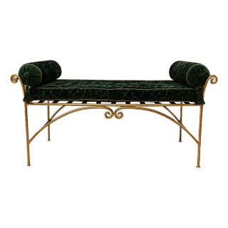 Late 20th Century Hollywood Regency Emerald Velvet Gold Metal Bench For Sale