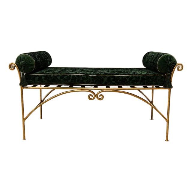 Late 20th Century Hollywood Regency Emerald Velvet Gold Metal Bench For Sale