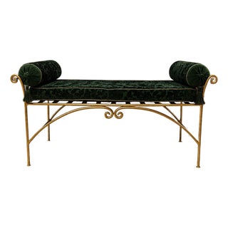Vintage Hollywood Regency-Style Emerald Green Velvet and Gold-Tone Metal Bench For Sale