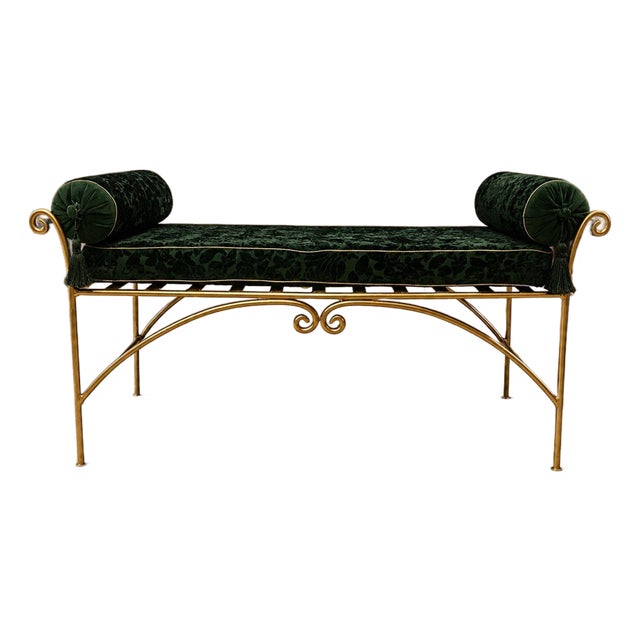 Vintage Hollywood Regency-Style Emerald Green Velvet and Gold-Tone Metal Bench For Sale