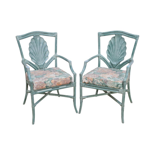 Surfside Casual Paint Frame Shell Carved Rattan Arm Chairs A