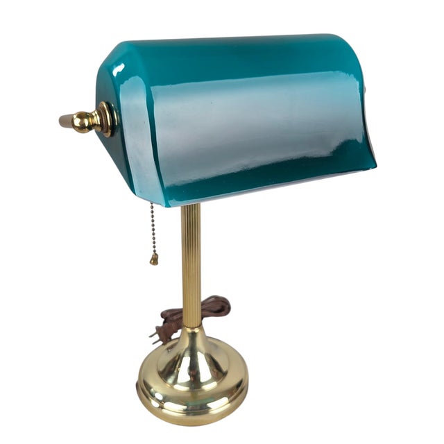 1970s Mid-Century Modern Art Deco Brass and Teal Glass Banker's Desk Lamp For Sale - Image 13 of 18