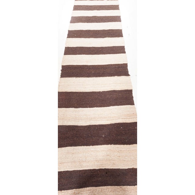 Folk Art Doris Leslie Blau Vintage Striped Ivory And Charcoal Hand-Knotted Wool Runner For Sale - Image 3 of 7
