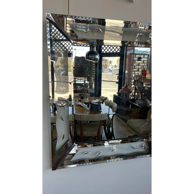 Gorgeous and rare art deco shadow box etched mirror with clear parts around the mirror. This is not a typical art deco...