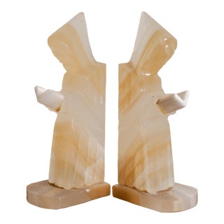 1950s Handcarved Monk Onyx Stone Bookends - Pair For Sale