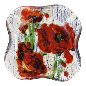 Early 21st Century Modern Hand Blown Red Poppy Flowers Glass Bowl Dish Signed