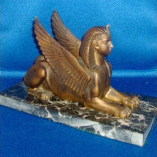 Metal 19th Century Egyptian Revival Grand Tour Bronze Model of a Winged Sphinx on Marble Base For Sale - Image 7 of 12