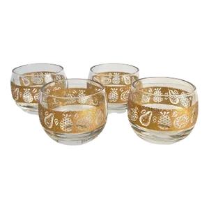 Vintage 1960s Roly Poly Glasses Small Shot MCM Gold Metallic Fruit Motif Set of 4