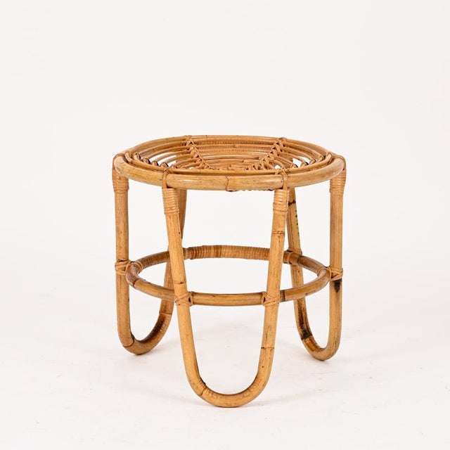 Gold French Riviera Rattan and Wicker Round Stool by Tito Agnoli, Italy, 1960s For Sale - Image 8 of 14